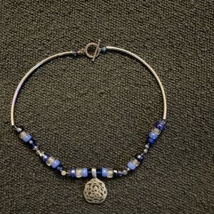 (Sue) B1G1 Blue and Silver Beaded Necklace with Textured Pendant